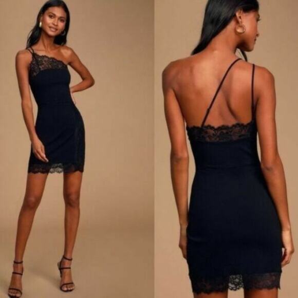 Free People Premonitions Mini Slip Dress XS Black Lace Trim One Shoulder Bodycon - Picture 13 of 16